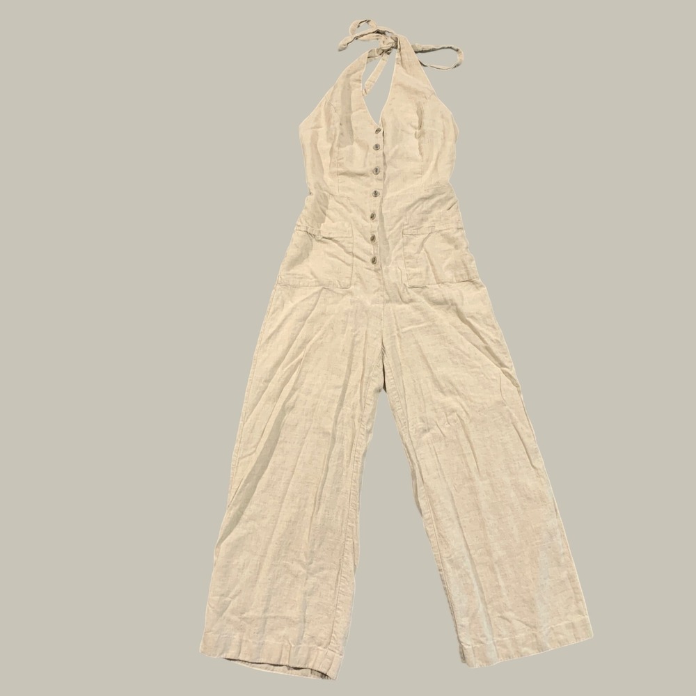 Urban Outfitters Jumpsuit Women XS Linen Blend Halter Wide Leg Beige Boho